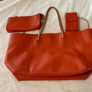 Trish McEvoy Orange Pebbled Leather Tote Bag Cosmetic Case 3 Piece Lot
